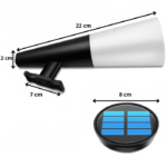 Lampe solaire LED murale noire et blanche 22 cm avec panneau solaire rond 8 cm, dimensions indiquées