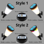 Lampe solaire murale LED 2 styles : blanc, chaud ou RVB, avec bouton de changement de mode intégréLampe solaire murale LED 2 styles : blanc, chaud ou RVB, avec bouton de changement de mode intégré