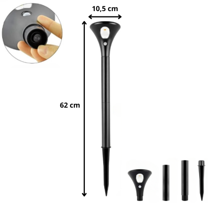 Borne solaire LED noire de jardin 62 cm, diamètre 10,5 cm, avec bouton d’allumage et vue des pièces détachables