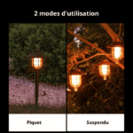 Lampe solaire flamme avec deux modes d'utilisation : installation avec piquet pour le sol ou suspension dans les arbres grâce à une hanse, idéale pour éclairer et décorer
