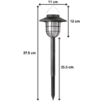 Dimensions de la lampe solaire flamme avec piquet : hauteur totale 37,5 cm, longueur du piquet 25,5 cm, dôme de 11 cm de diamètre, hauteur lanterne de 12 cm