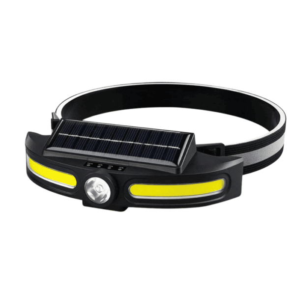 Lampe frontale solaire rechargeable avec bande LED intégrée, équipé d'une sangle réglable réfléchissante. Idéale pour les activités en extérieur comme le camping, la randonnée et les réparations nocturnes.