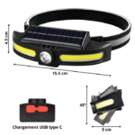 Caractéristique lampe frontale solaire, dimension, rotatif 45°et chargement USB type C