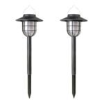 Lot de deux lampes solaires flamme noires style lanterne avec piquet, design rétro pour éclairage de jardin