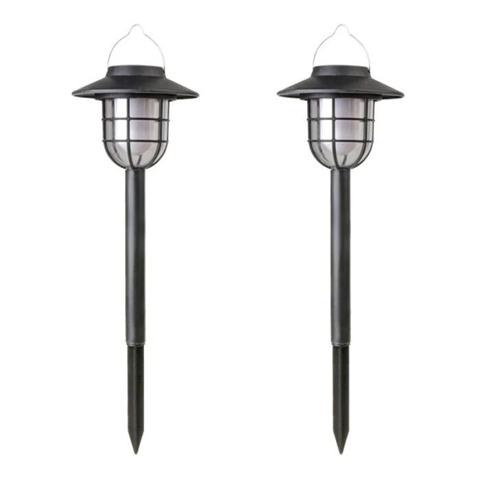 Lot de deux lampes solaires flamme noires style lanterne avec piquet, design rétro pour éclairage de jardin