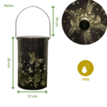 Lanterne solaire noire 20x12cm IP55, motifs lumineux de papillons et fleurs projetés pour décoration extérieure