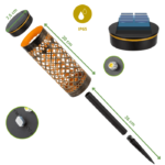 Lampe solaire LED IP65 démontée, métal ajouré, dimensions visibles et interrupteur inclus