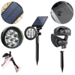 Projecteur LED solaire extérieur 7 LED, étanche, orientable avec panneau solaire et piquet de fixation