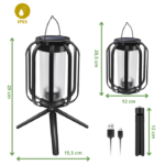 Lampe solaire LED IP65 noire, dimensions et accessoires USB, utilisable sur trépied ou posée