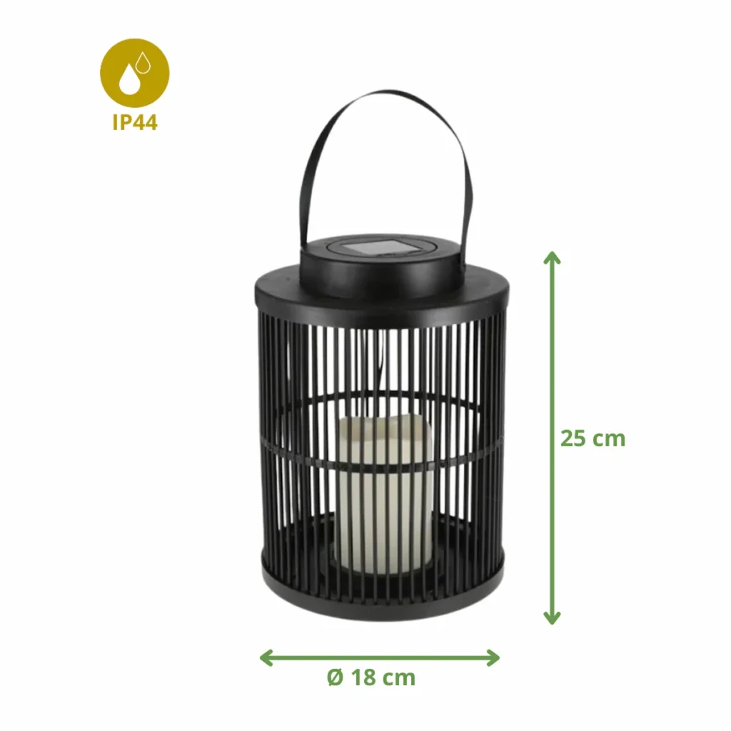 lanterne solaire extérieure cylindrique noir dimensions 25 cm hauteur 18 cm diamètre lampe jardin IP44