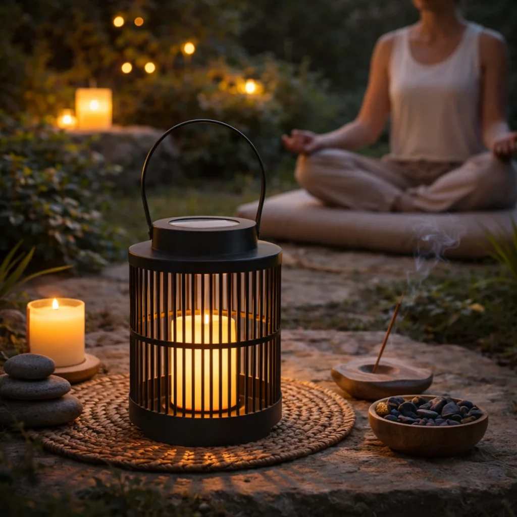 lanterne solaire extérieure lumière chaude ambiance zen méditation jardin éclairage décoratif détente