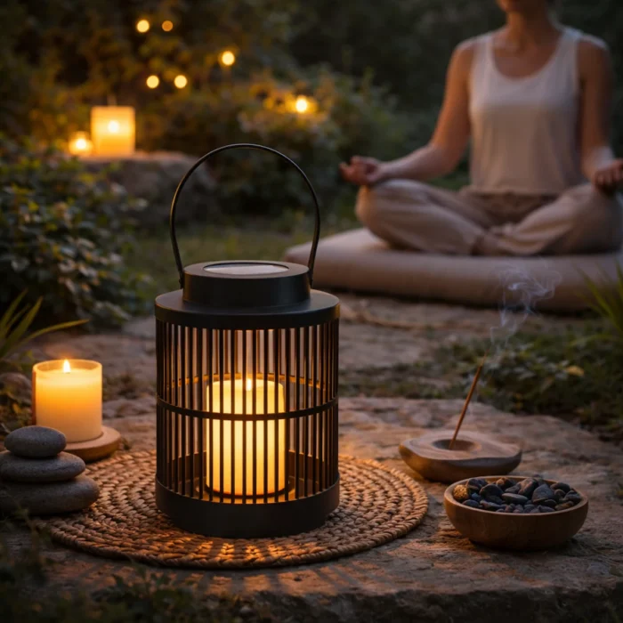 lanterne solaire extérieure lumière chaude ambiance zen méditation jardin éclairage décoratif détente