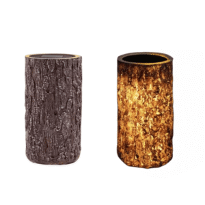 Lampe solaire décorative effet bûche allumée et éteinte, design bois naturel pour jardin ou terrasse