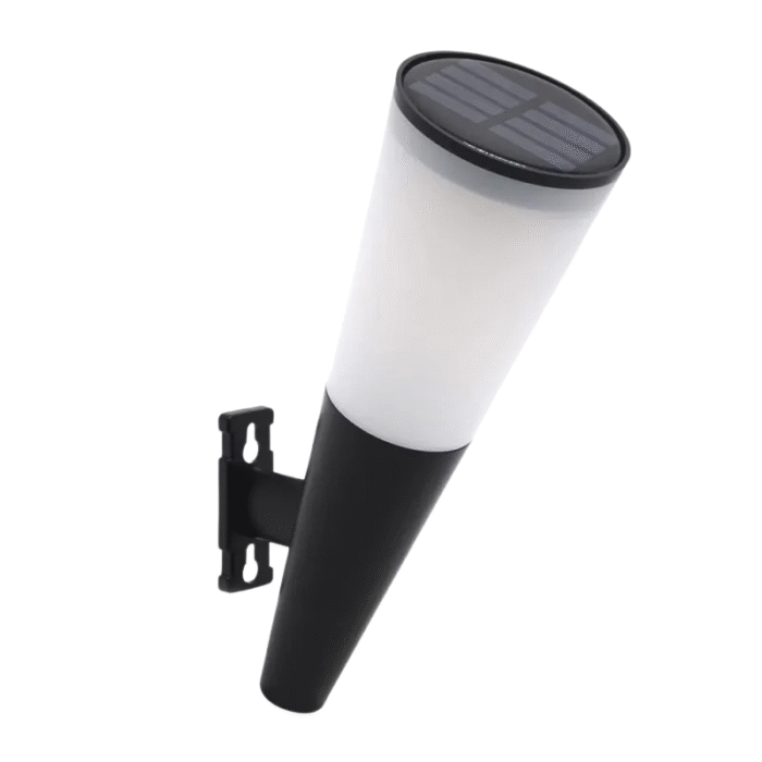 Applique solaire murale LED conique noire et blanche avec panneau solaire rond intégré sur le dessus
