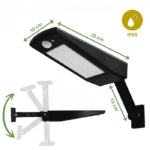 Lampadaire solaire LED noir 48 LED avec bras rotatif, dimensions 25x10x15 cm, étanche IP65, détecteur de mouvement.