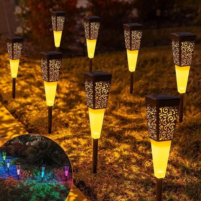  Lot de lampes LED solaires décoratives à piquet, éclairage chaud pour jardin et allée extérieure