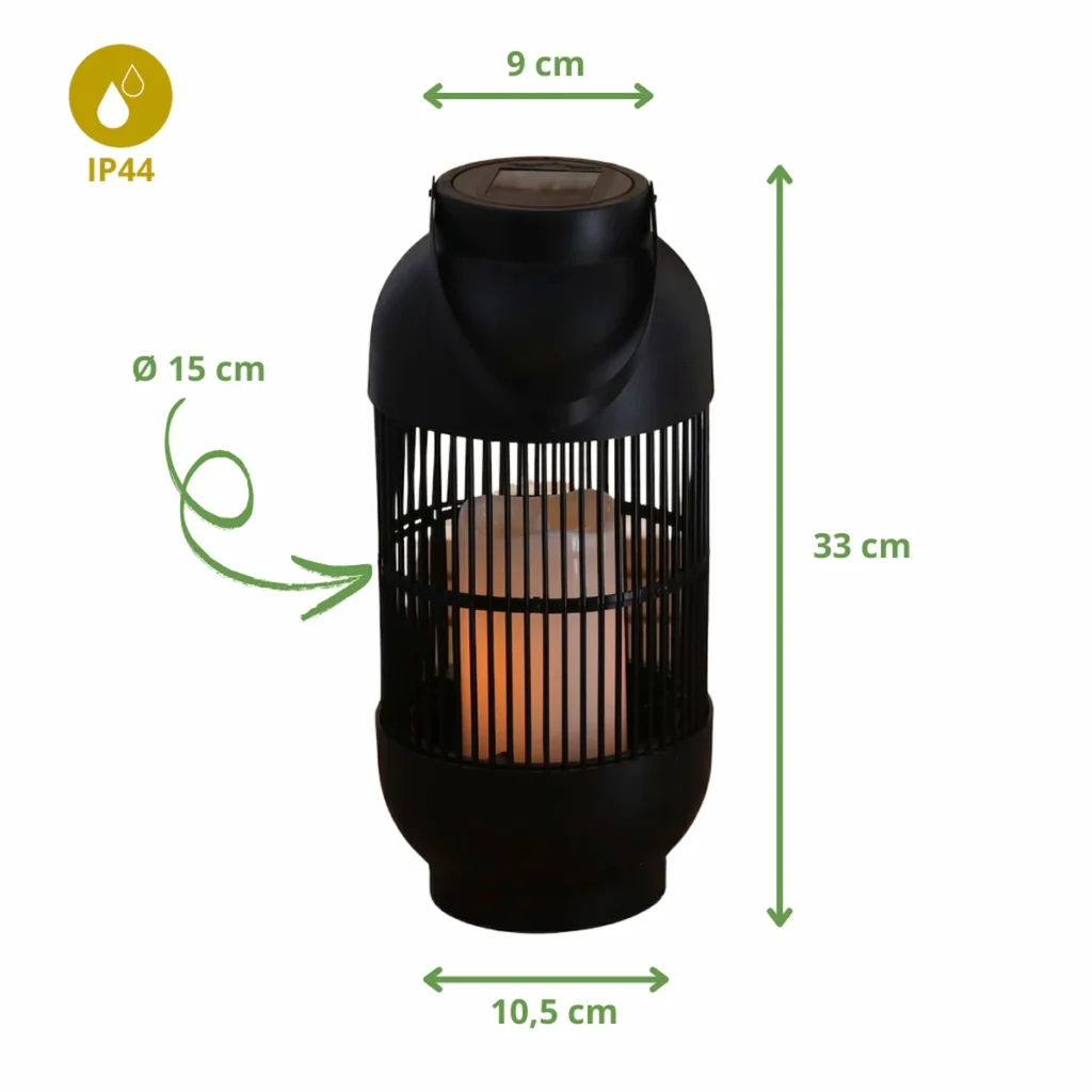 lanterne solaire extérieure haute noir dimensions 33 cm hauteur 15 cm diamètre éclairage extérieur IP44