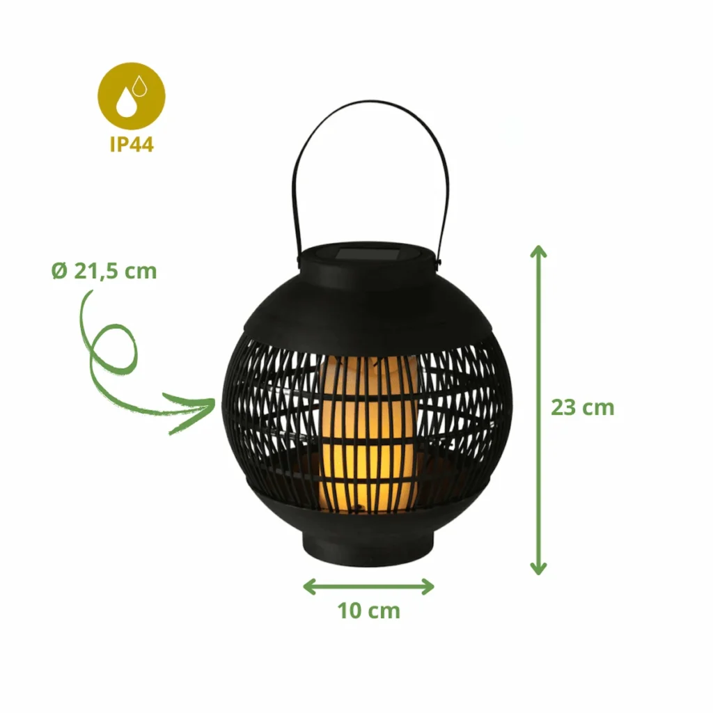lanterne solaire extérieure ronde noir dimensions 21,5 cm diamètre 23 cm hauteur éclairage jardin IP44