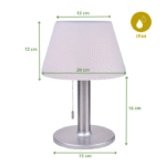 Dimensions lampe solaire LED IP44 : 28 cm hauteur totale, abat-jour 20 cm, base 15 cm, étanche pour extérieur.