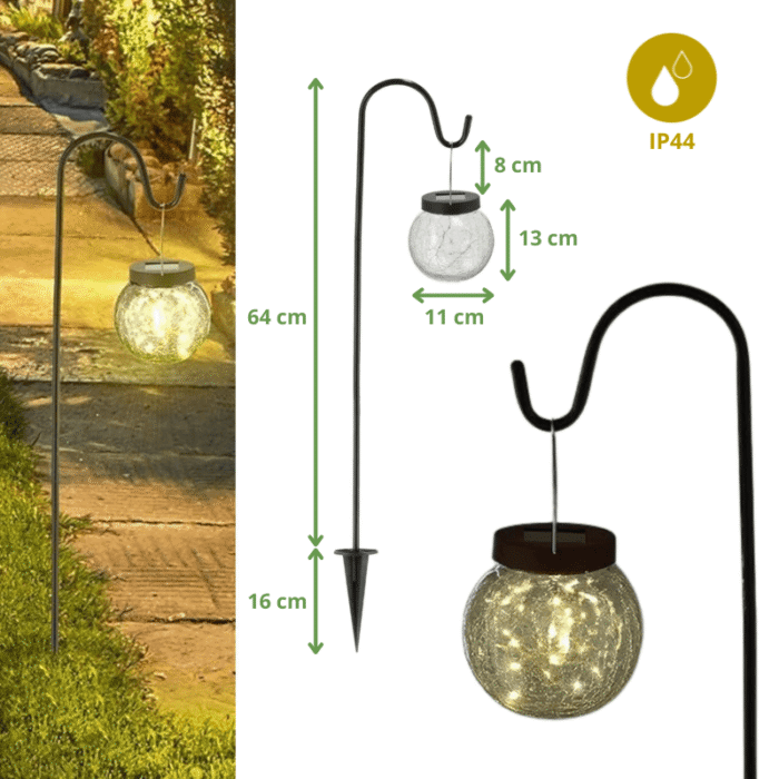  Lampe solaire boule craquelée sur piquet noir, mesures détaillées et indice d’étanchéité IP44