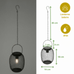 Lanterne solaire en métal maillé noire, dimensions 45 cm x 14 cm, résistante à l’eau (IP44)
