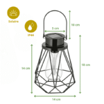Lanterne solaire noire en métal ajouré, dimensions indiquées, résistante à l’eau IP44, 18 cm de haut