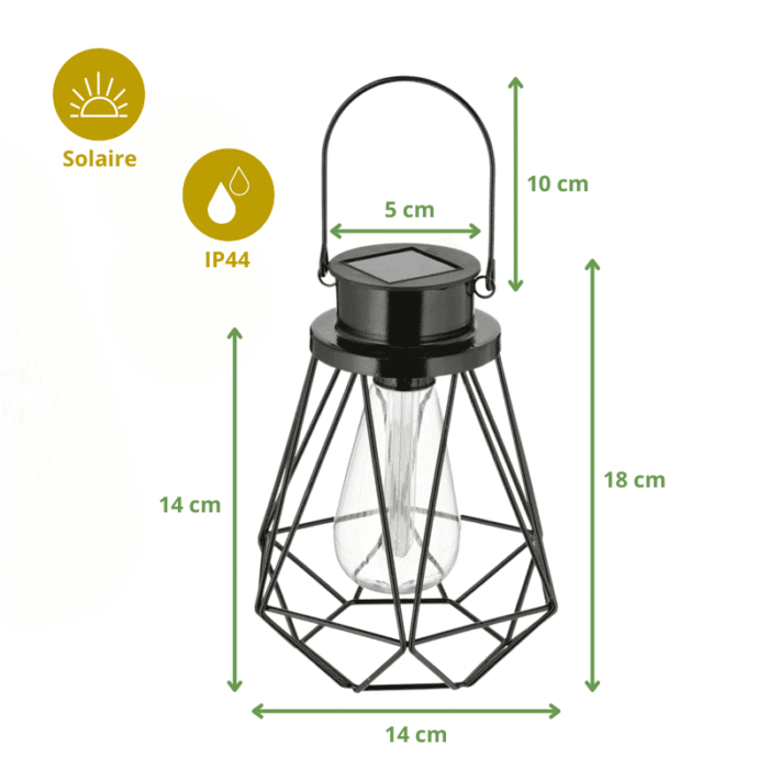 Lanterne solaire noire en métal ajouré, dimensions indiquées, résistante à l’eau IP44, 18 cm de haut