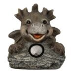 Grande statue dragon rieur sur pierre avec lampe LED solaire intégrée, déco fantaisie jardin