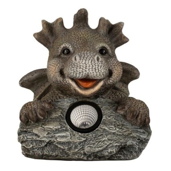 Grande statue dragon rieur sur pierre avec lampe LED solaire intégrée, déco fantaisie jardin
