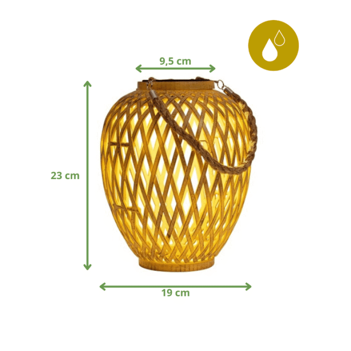 Lanterne solaire LED imitation bambou, 23 cm de haut, 19 cm de large, poignée corde, usage extérieur