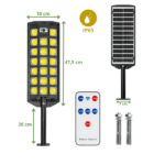 Lampadaire solaire LED COB IP65 avec détecteur, télécommande, fixation murale et dimensions détaillées