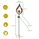 Lampe solaire flamme LED avec boule en verre orange, dimensions et pictos énergie, étanchéité, jardin.