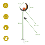 Lampe solaire lune avec boule LED, pictos recharge, étanchéité et dimensions sur visuel explicatif clair.