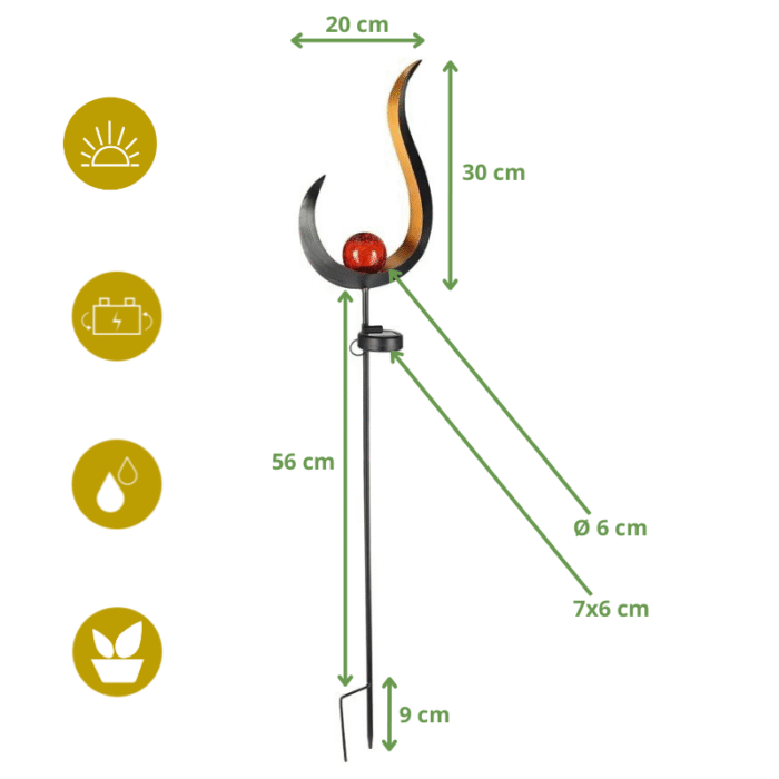 Lampe solaire LED courbe arabesque, boule en verre orange, dimensions et pictos énergie, jardin, étanchéité.