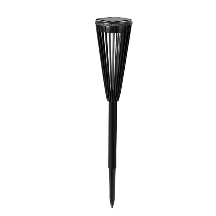 Lampe solaire de jardin noire sur piquet, design torche à lames verticales, éclairage décoratif extérieur.