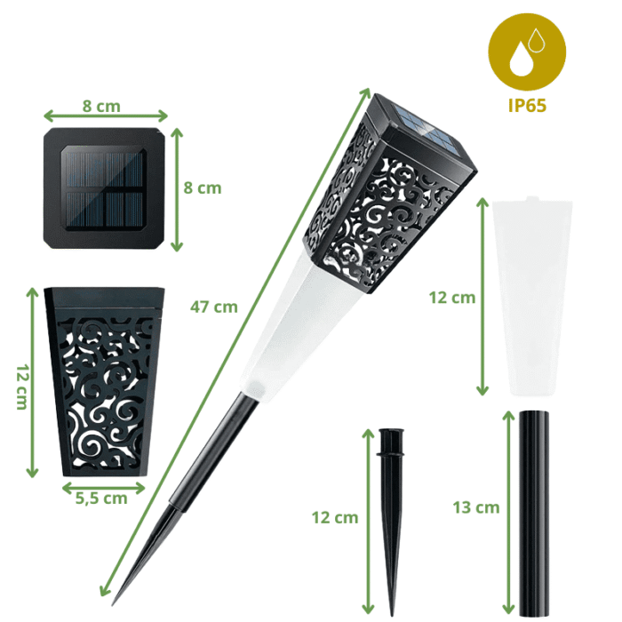  Schéma lampe LED solaire décorative IP65 noire à piquet, dimensions détaillées en cm