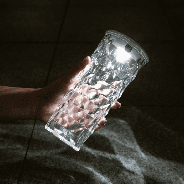 Borne solaire LED allumée tenue en main, corps en AS transparent à facettes, éclaire dans l’obscurité
