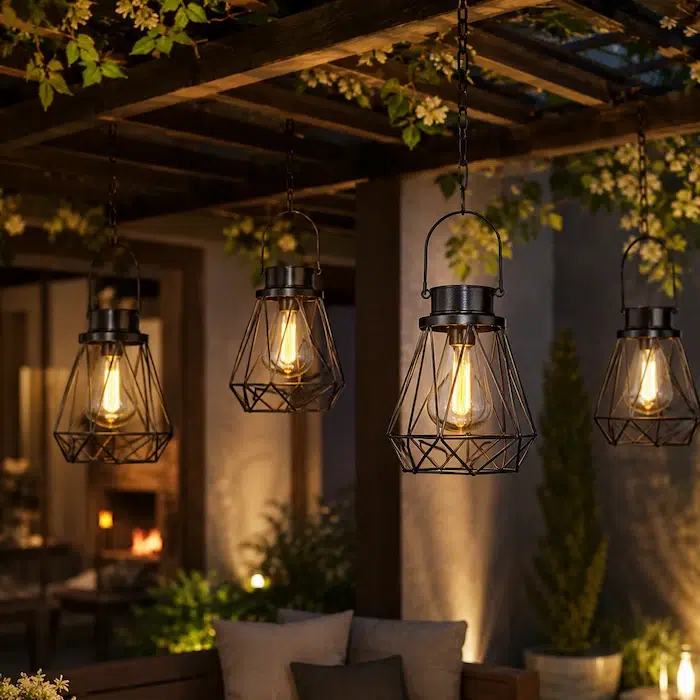 Composition de lanternes solaires suspendues diffusant une lumière chaleureuse sous une pergola fleurie, pour créer une atmosphère conviviale et raffinée en extérieur.
