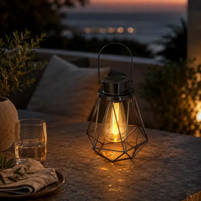 Lanterne solaire en métal ajouré au design géométrique vintage illuminant une terrasse dans une ambiance douce et apaisante au crépuscule.