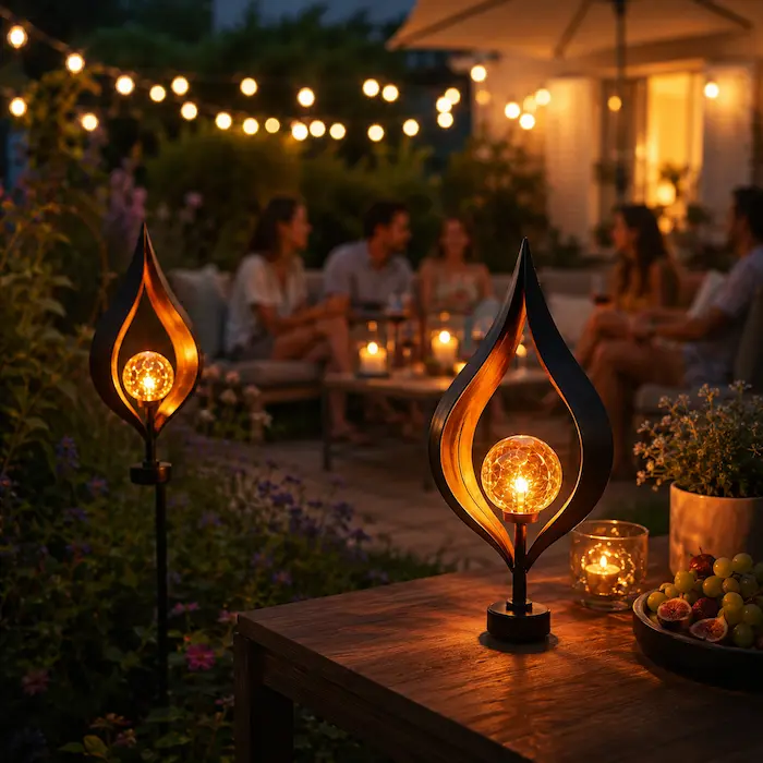 "Lanterne solaire décorative en forme de flamme dans un jardin au crépuscule, mise en scène chaleureuse et conviviale avec végétation et éclairage d’ambiance."