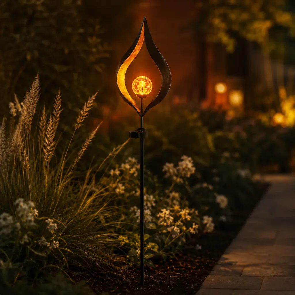 "Lampe solaire décorative de jardin en forme de flamme, mise en scène extérieure dans un massif fleuri au crépuscule avec lumière chaude et ambiance poétique."