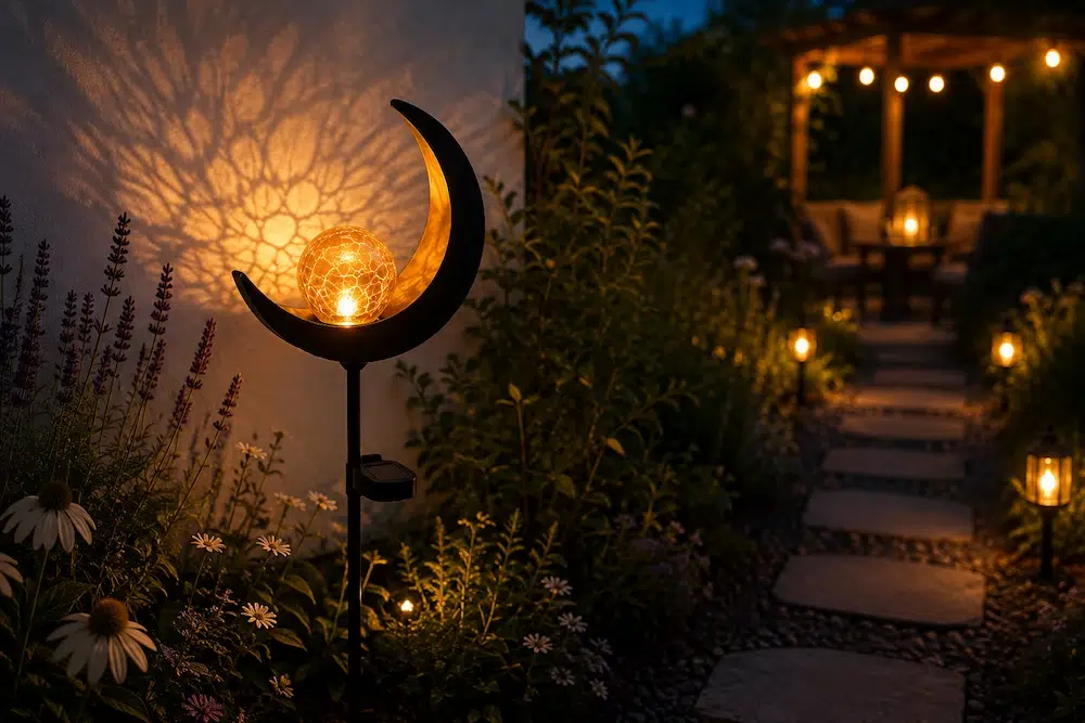 Lampe solaire lune LED avec boule de verre craquelé projetant des reflets lumineux sur un mur de jardin au crépuscule près d'une terrasse éclairée