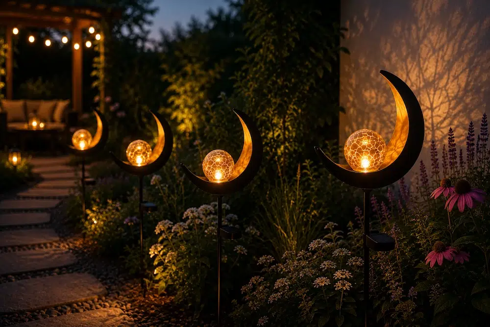 Ensemble de lampes solaires lune LED avec boules de verre craquelé illuminant un massif fleuri le long d'une allée de jardin au crépuscule