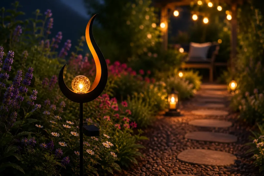 Lampe solaire arabesque LED avec boule lumineuse en verre craquelé éclairant une allée de jardin fleurie au crépuscule