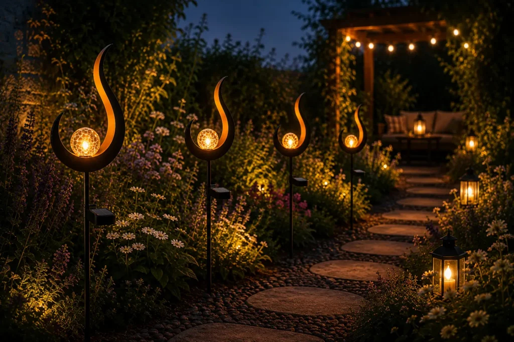 Lot de lampes solaires arabesques LED installées dans un massif fleuri pour baliser une allée de jardin avec élégance