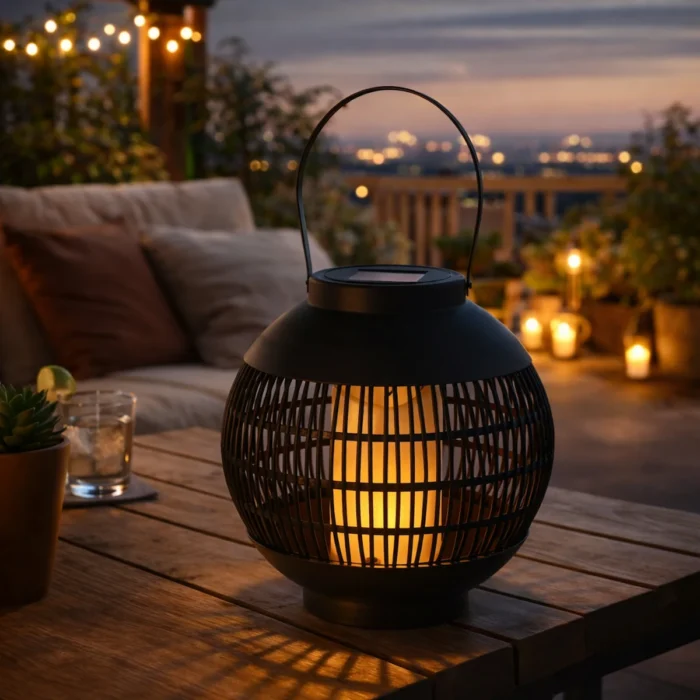 lanterne solaire extérieure ronde noir lumière chaude sur table terrasse ambiance cosy jardin éclairage décoratif
