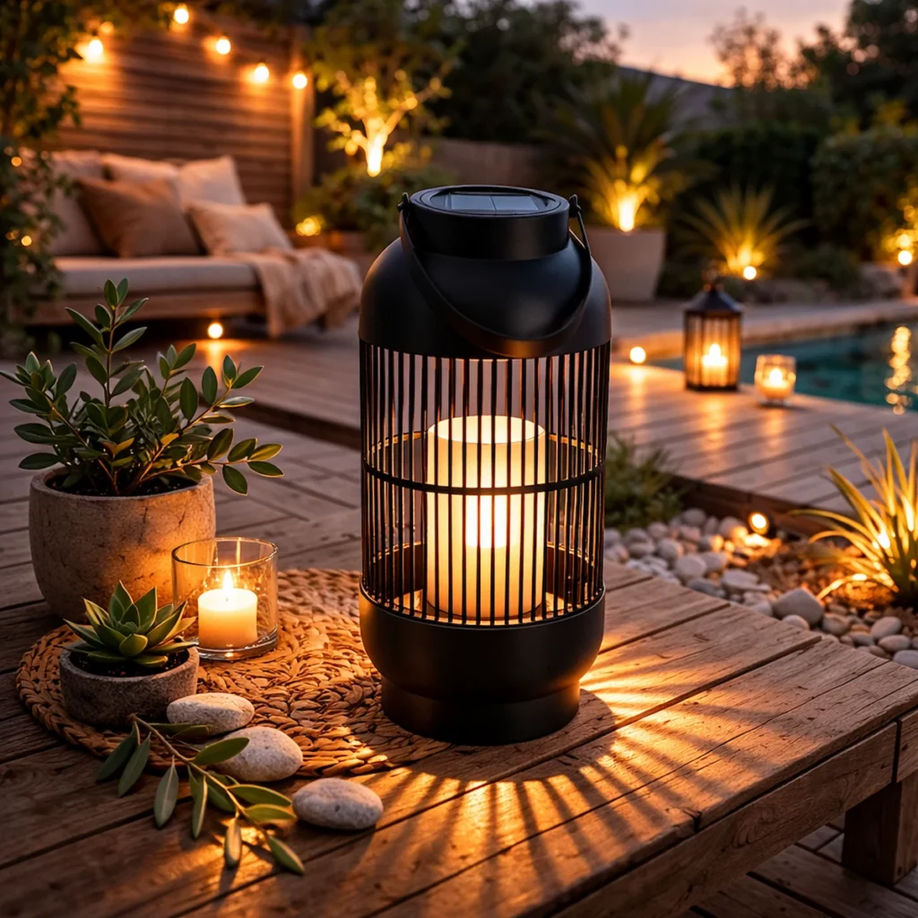 lanterne solaire extérieure noire éclairage terrasse jardin ambiance cosy lumière chaude décoration extérieure