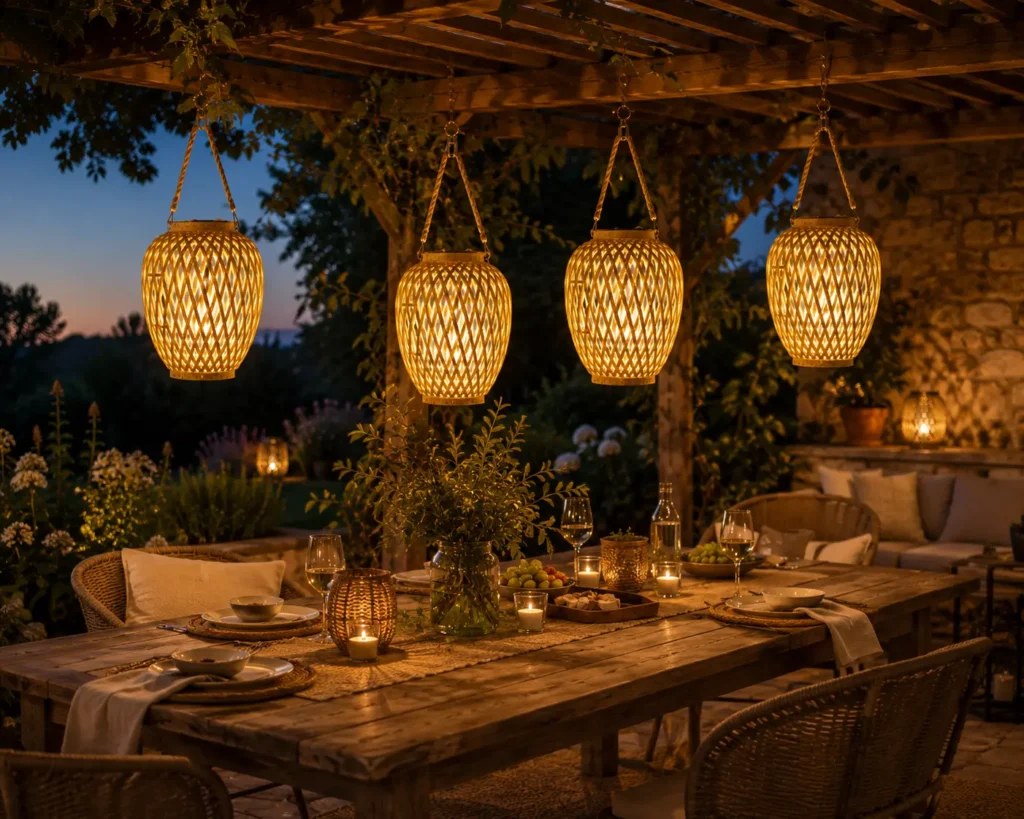 Quatre lanternes solaires suspendues en bambou sur une pergola en bois, au-dessus d’une table extérieure conviviale dans une ambiance chaleureuse de soirée."