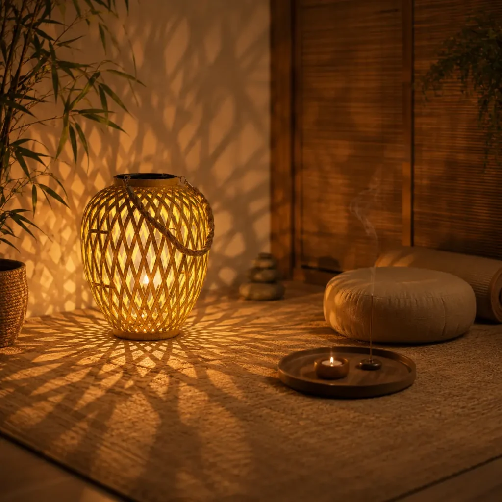 Lanterne solaire LED bohème tressée avec projection d’ombres décoratives dans un espace de méditation et de bien-être intérieur ou extérieur