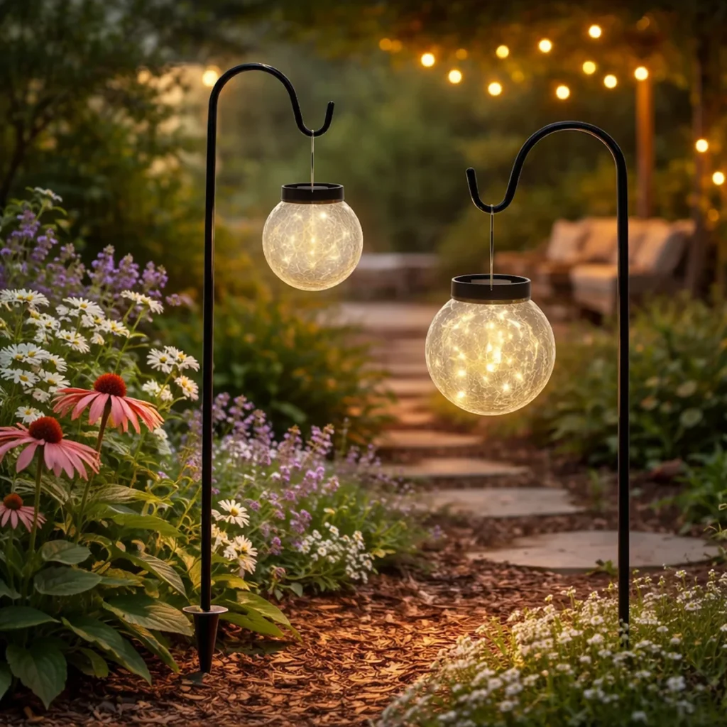 Lampes solaires suspendues éclairant un chemin de jardin fleuri ambiance chaleureuse extérieure